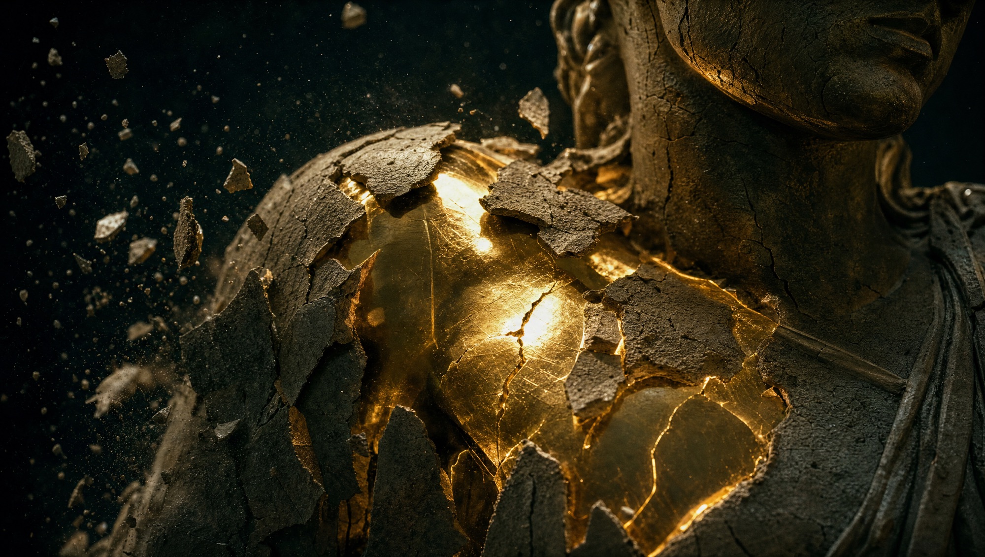 Clay lifting away from a golden statue, light pouring through