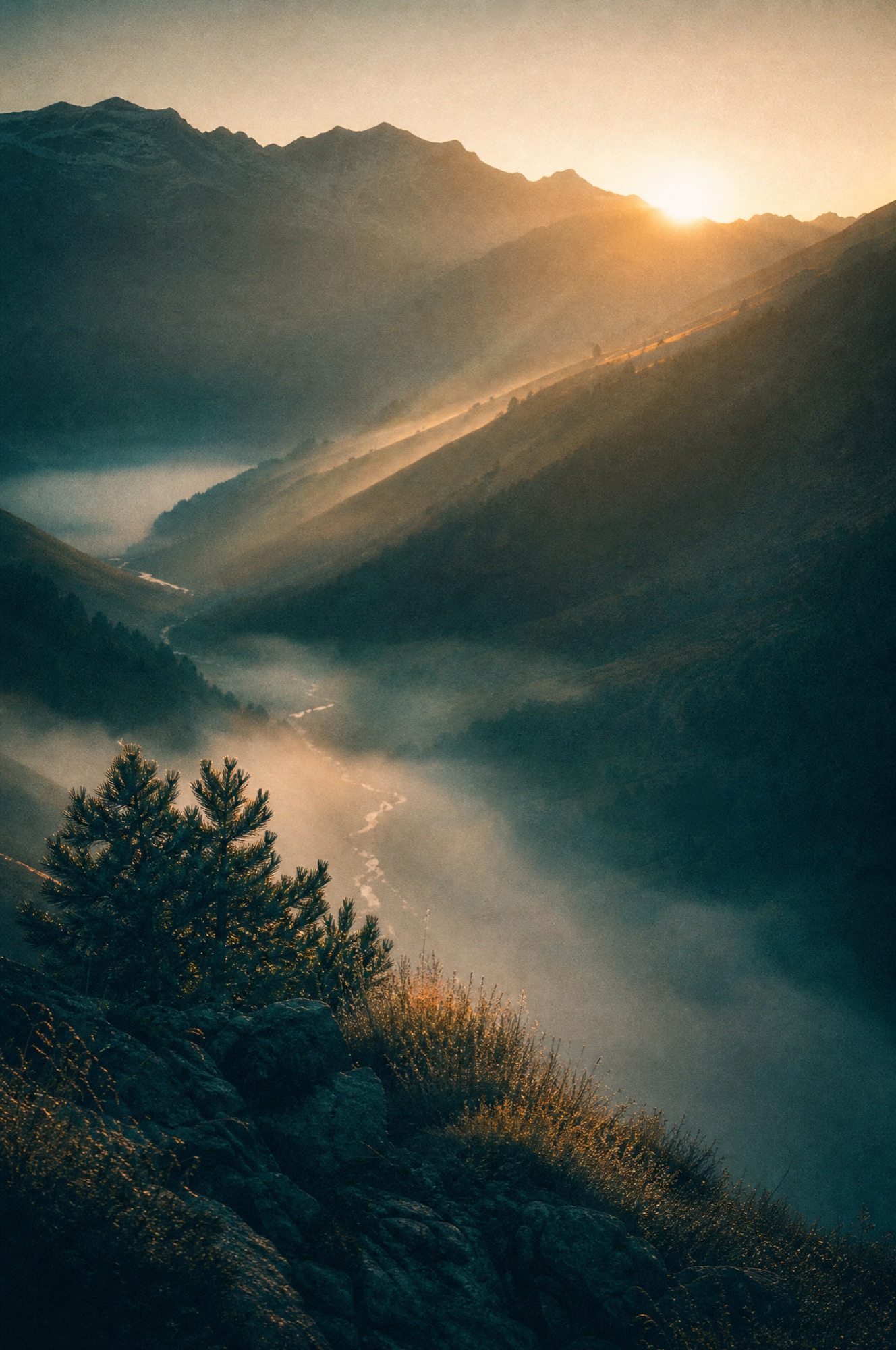 Dawn light flooding a valley of mist