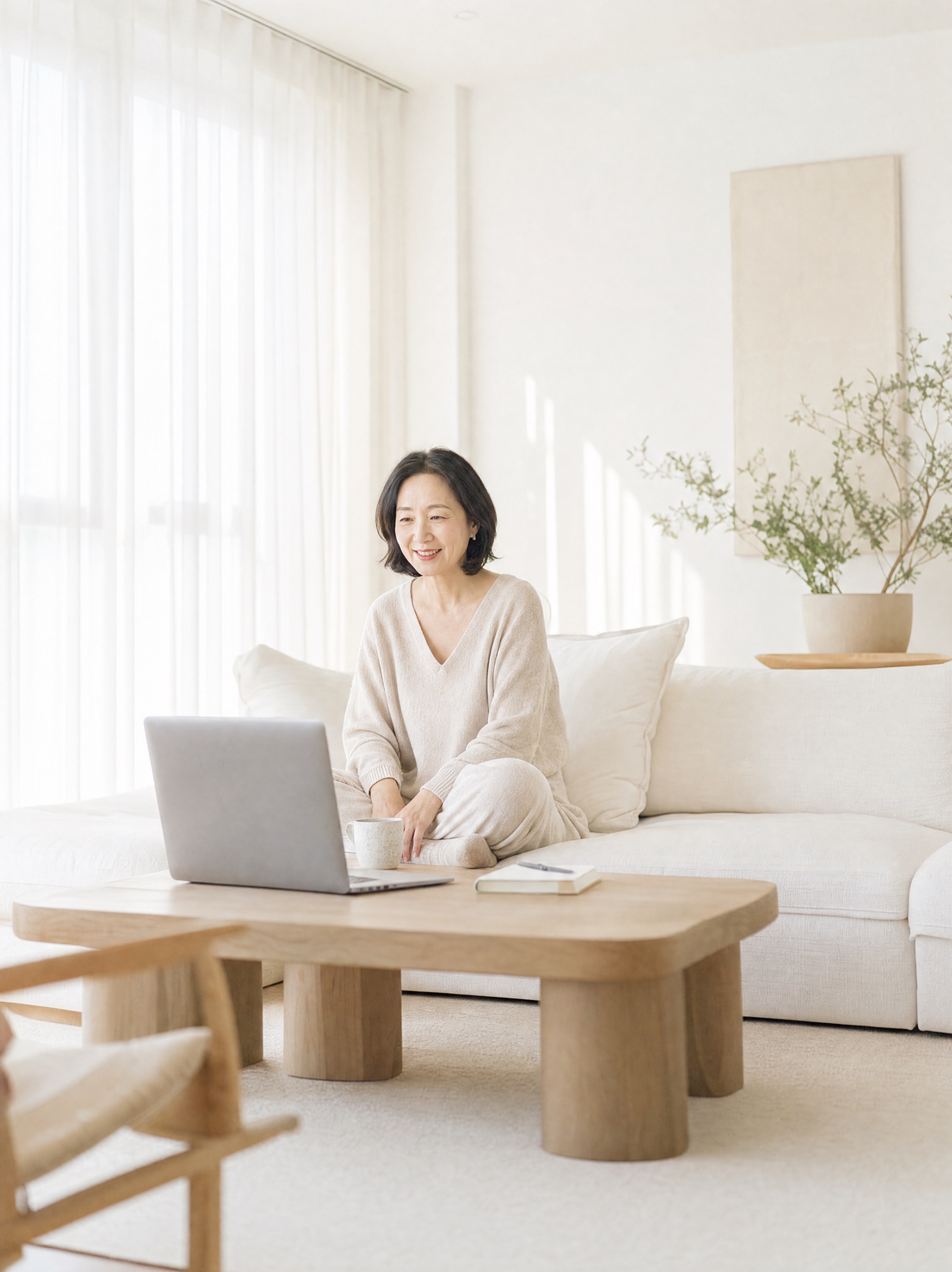 A woman at home on her sofa, joining a live video call with other women
