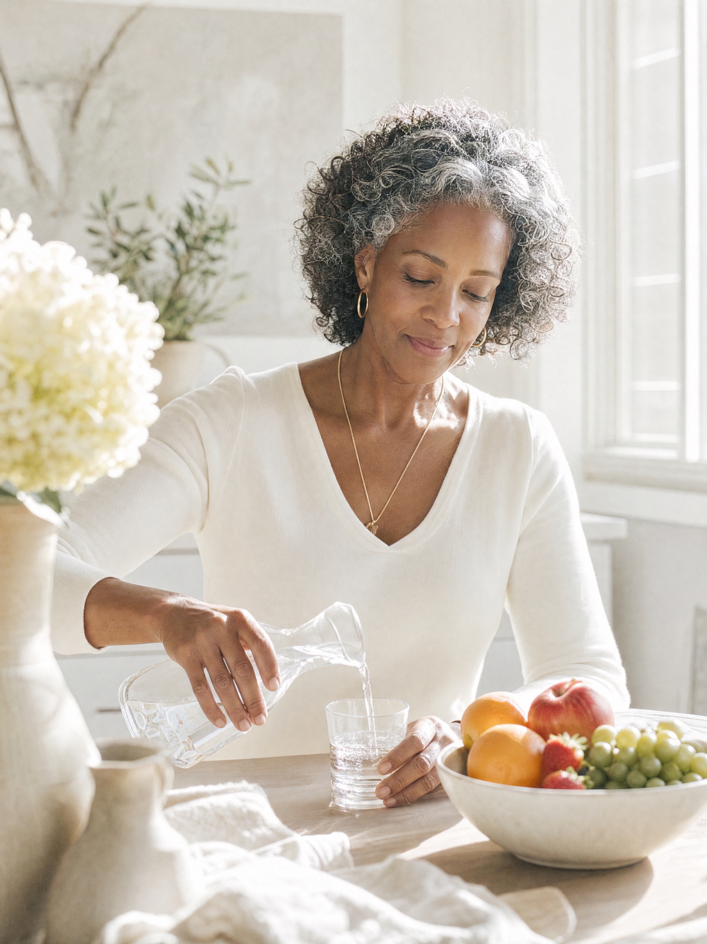 Water and fresh food on a sunlit table