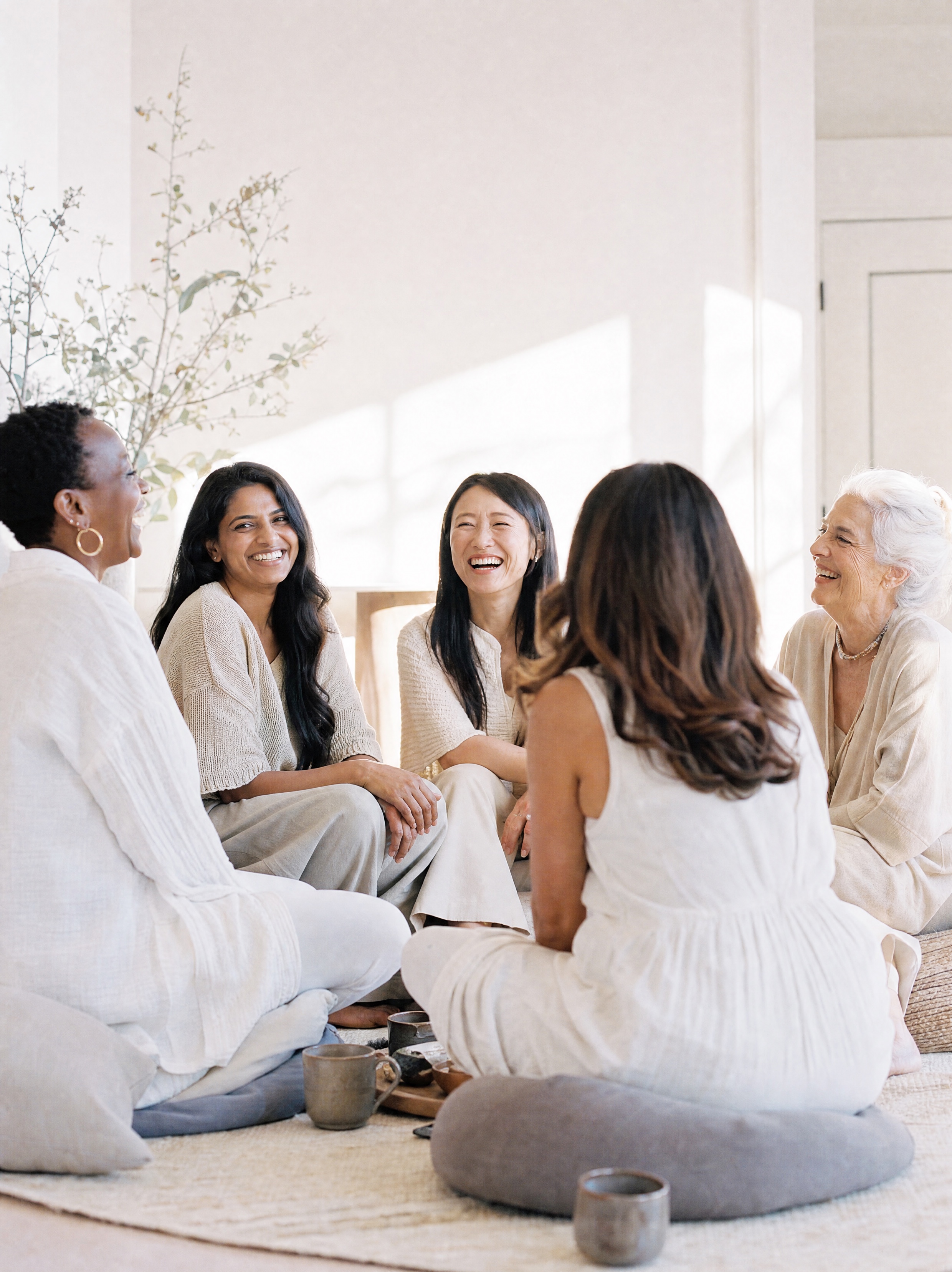 Four women sitting together in a circle in a sunlit room