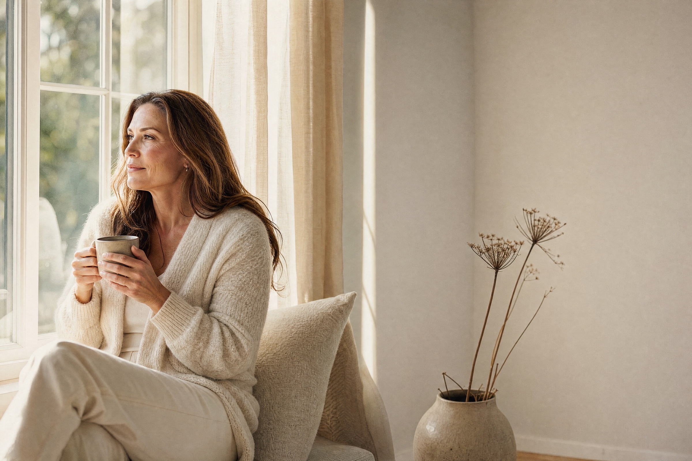A woman sitting by a window in morning light, holding a mug