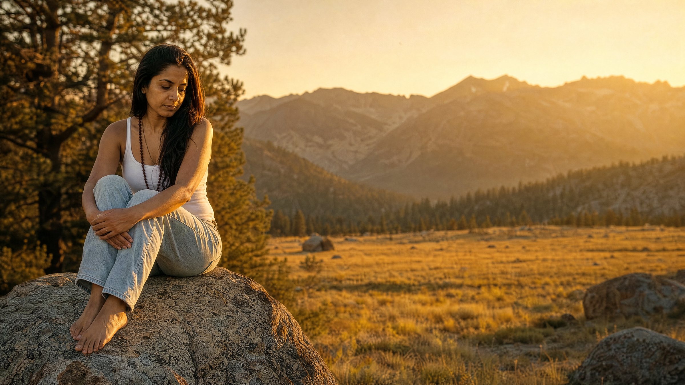 A woman sitting alone on a granite boulder in a meadow at golden hour, thinking
