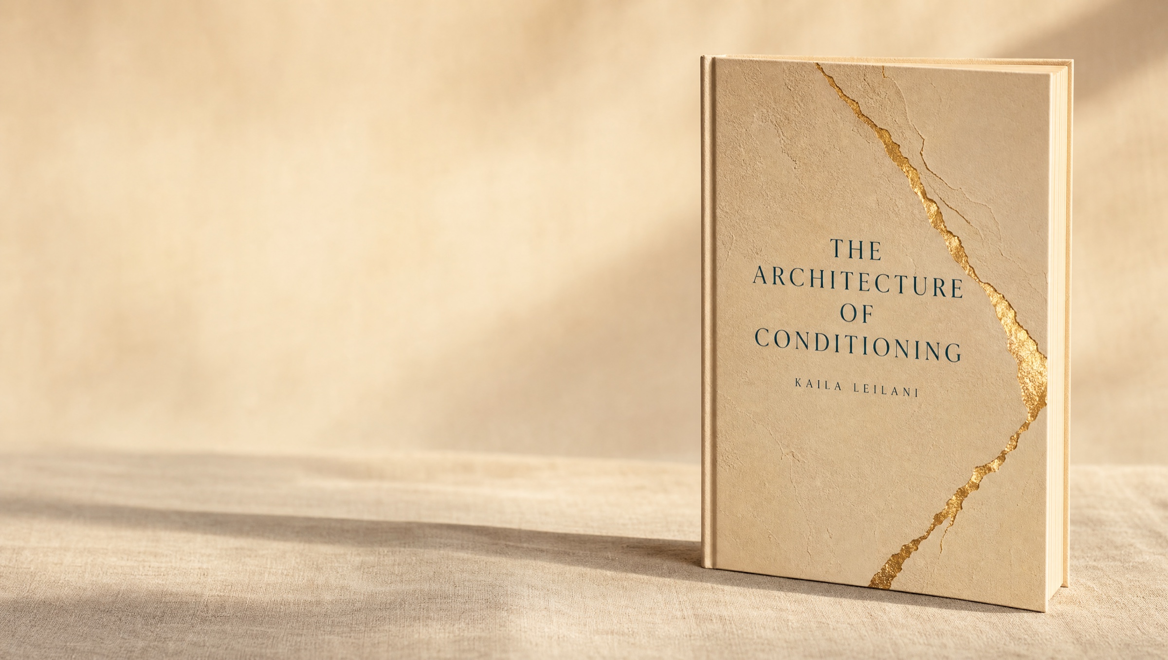 The Architecture of Conditioning by Kaila Leilani — a cream hardcover with a seam of gold leaf running through it like gold showing under cracked clay