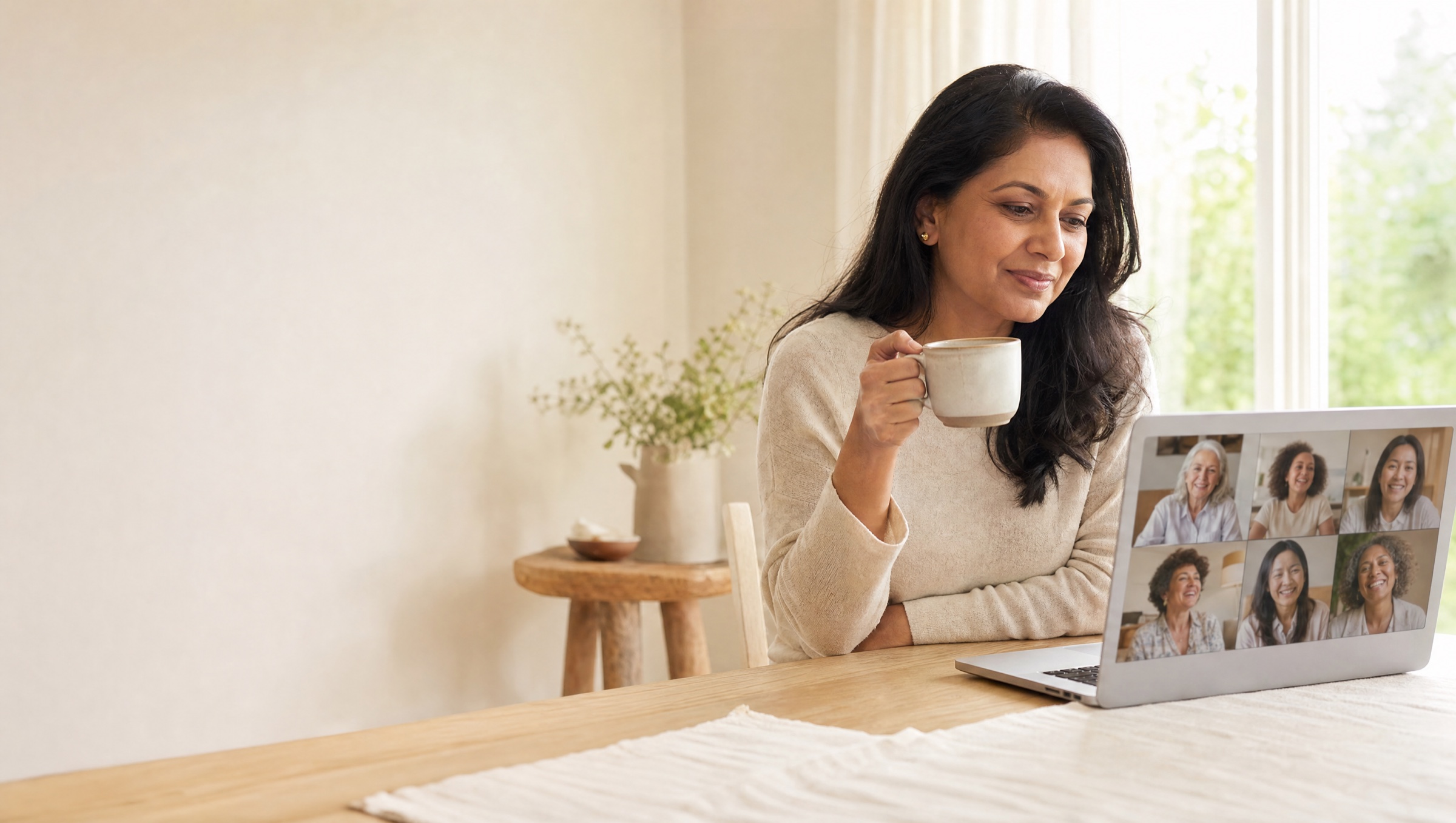 A woman at her kitchen table with a laptop open, joining the live circle call with seven other women on screen