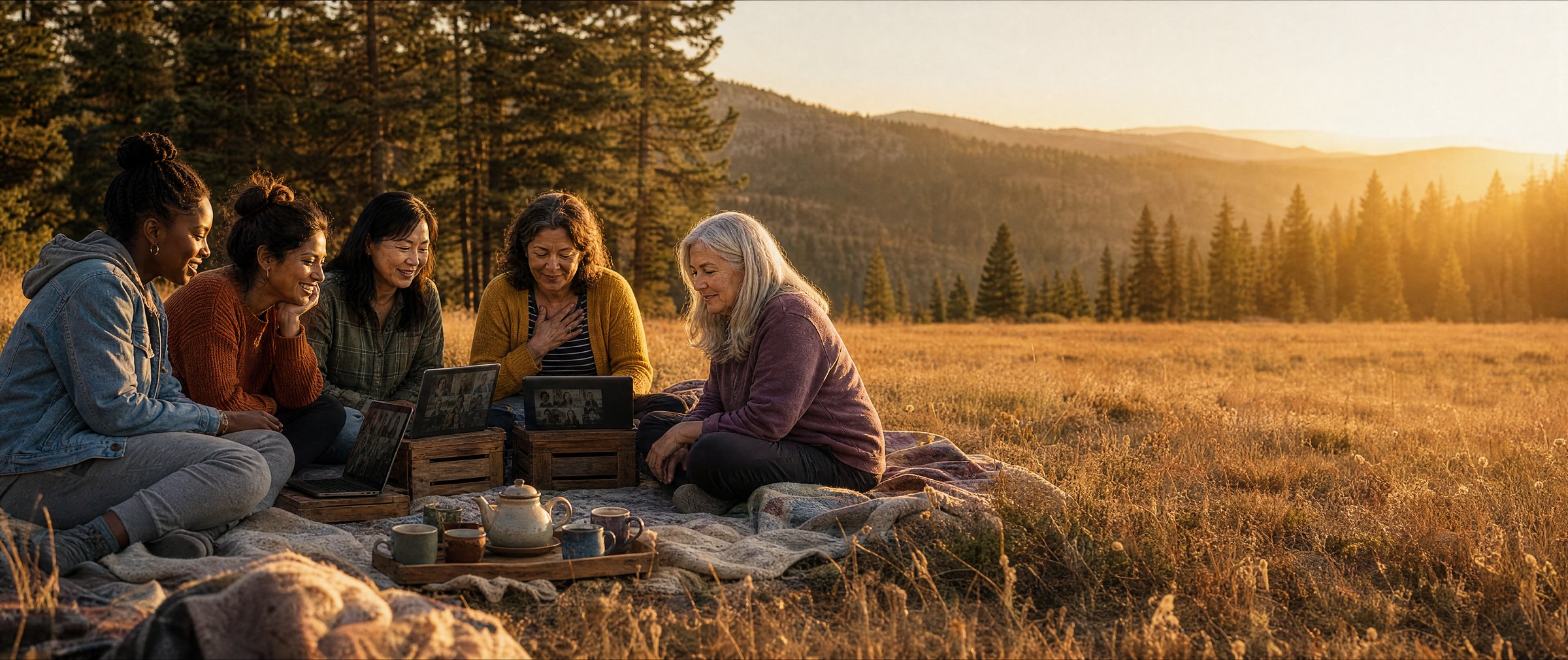 Women of different ages sitting together outdoors at golden hour, joining a live call on their laptops