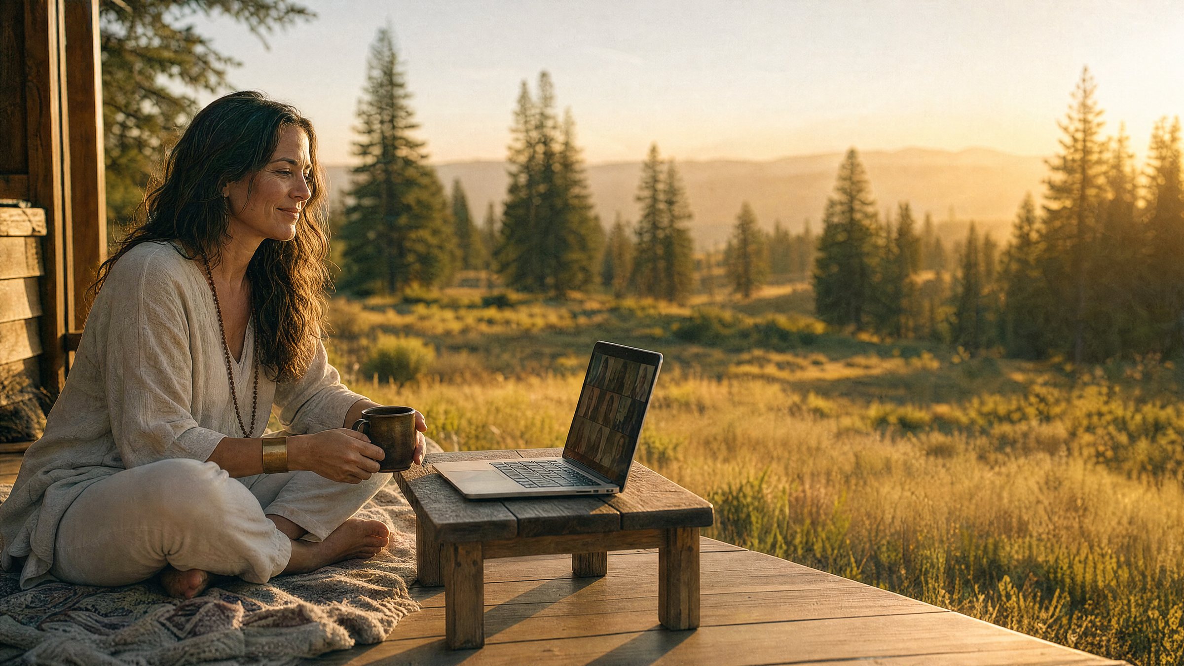A woman sitting on a deck above a golden meadow at sunset, joining the live community call on her laptop