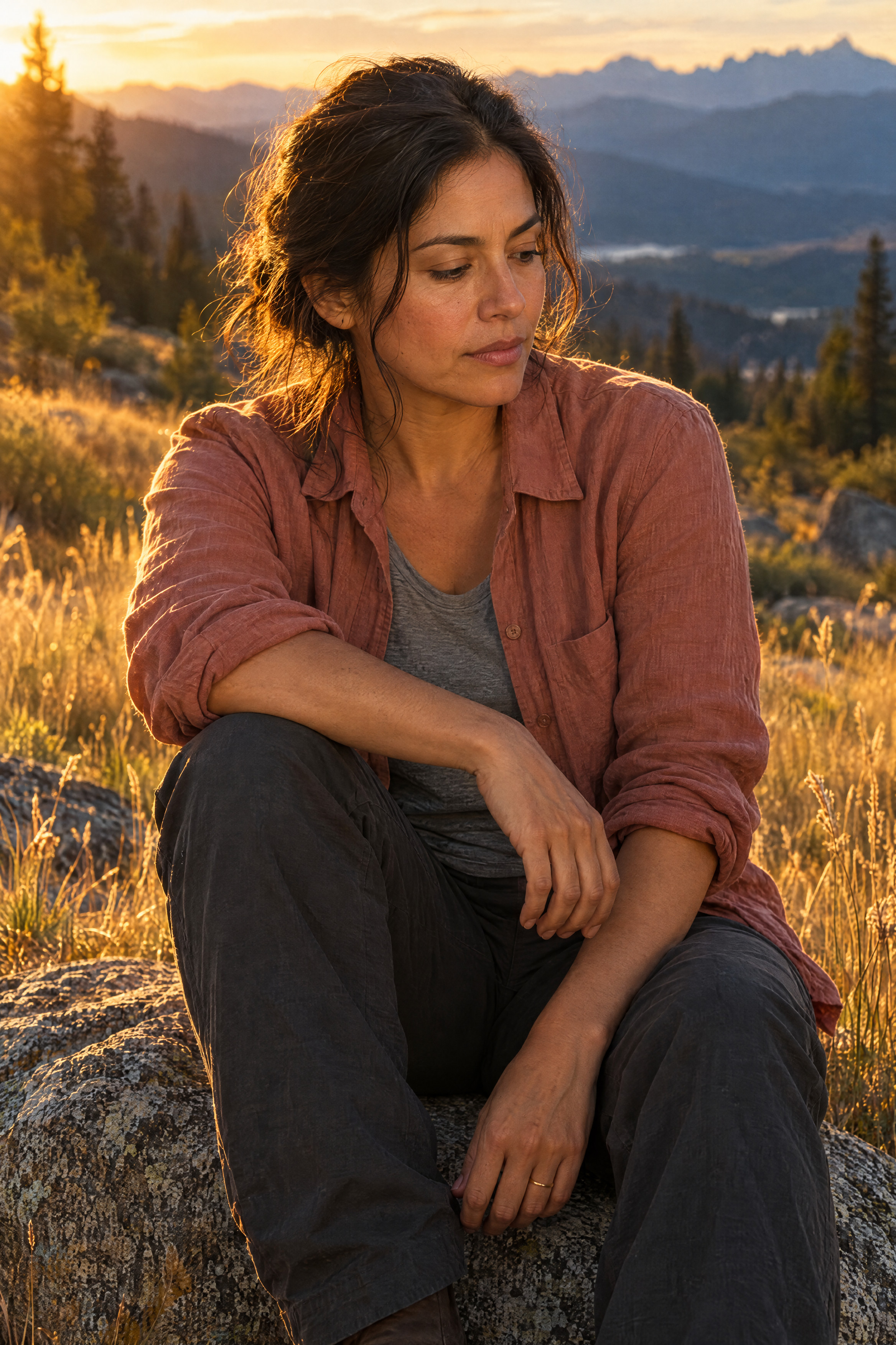 A woman in her forties sitting on a granite boulder at golden hour, arm across her knee, resting after a long effort