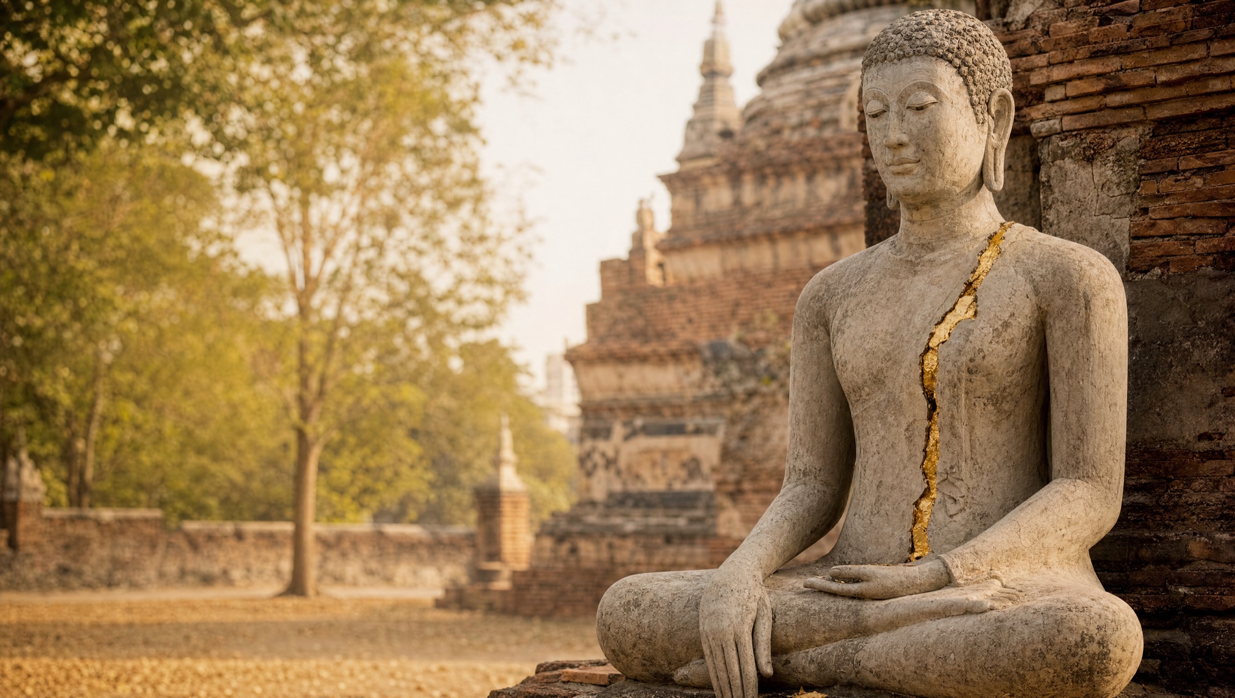 A clay-covered Buddha statue in a Thai temple courtyard at golden hour, a seam of gold showing through a crack in the clay