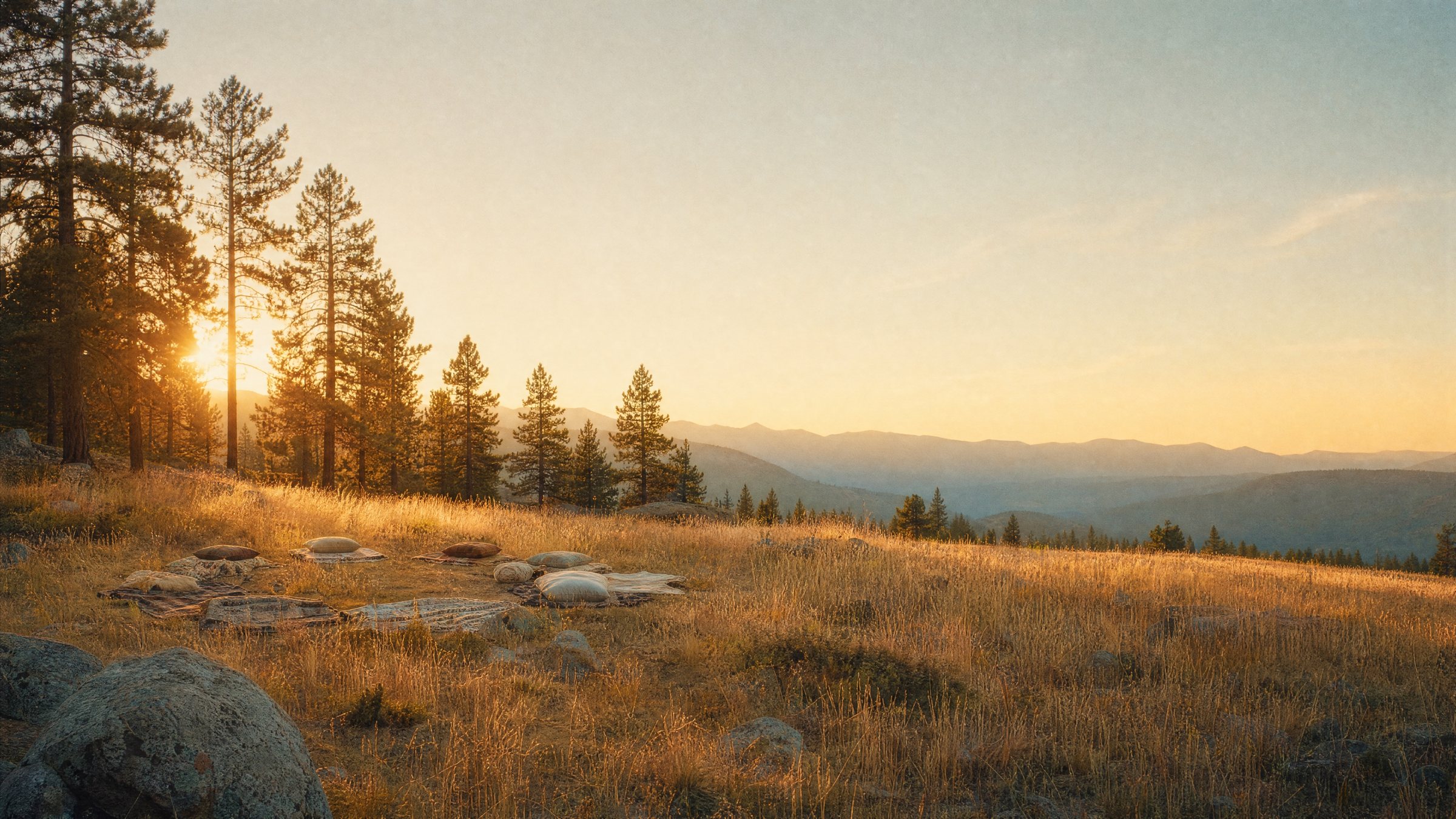 Blankets laid out in a circle in a golden meadow at sunset, waiting
