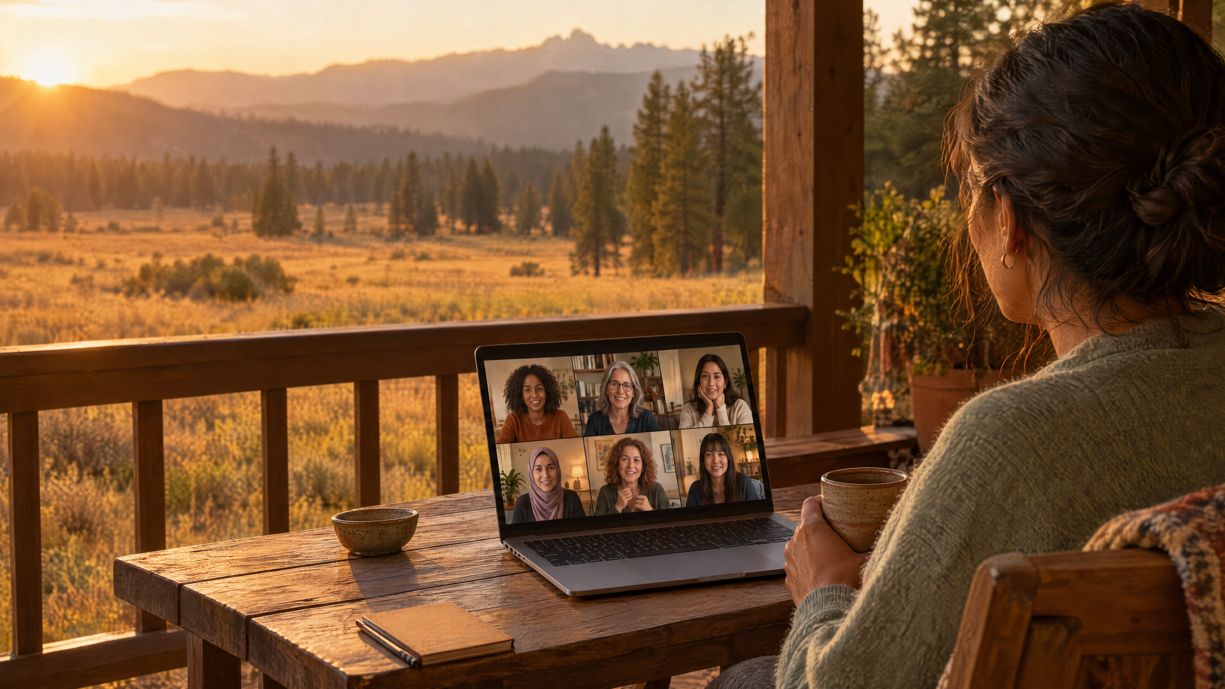 Seen over her shoulder, a woman on a porch at golden hour watching a live video call of six women on her laptop, meadow beyond