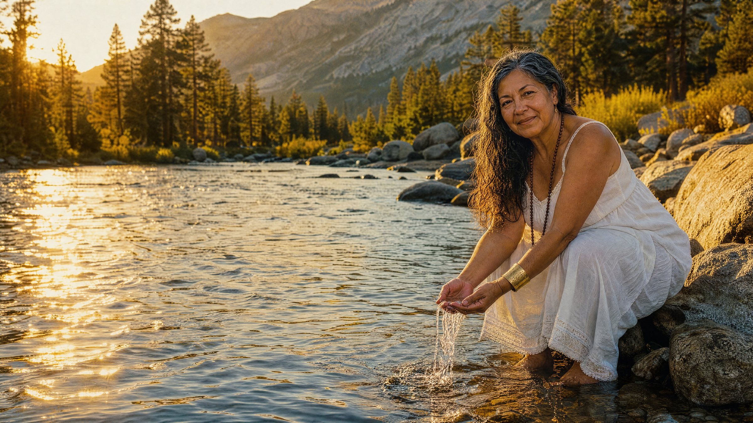 A woman crouching at a mountain river at sunset, lifting water in her cupped hands