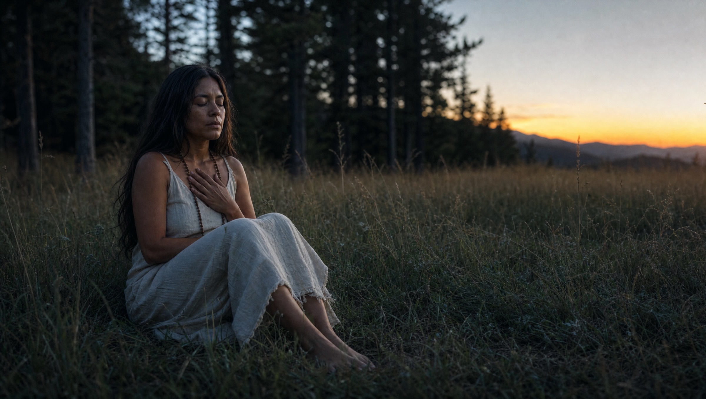 A woman sitting alone in deep meadow grass at dusk, one hand on her heart, eyes closed