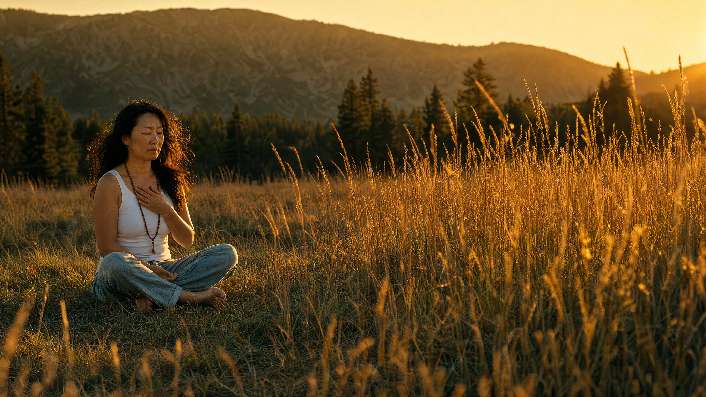A woman sitting cross-legged in tall meadow grass at dusk, one hand on her heart, eyes closed