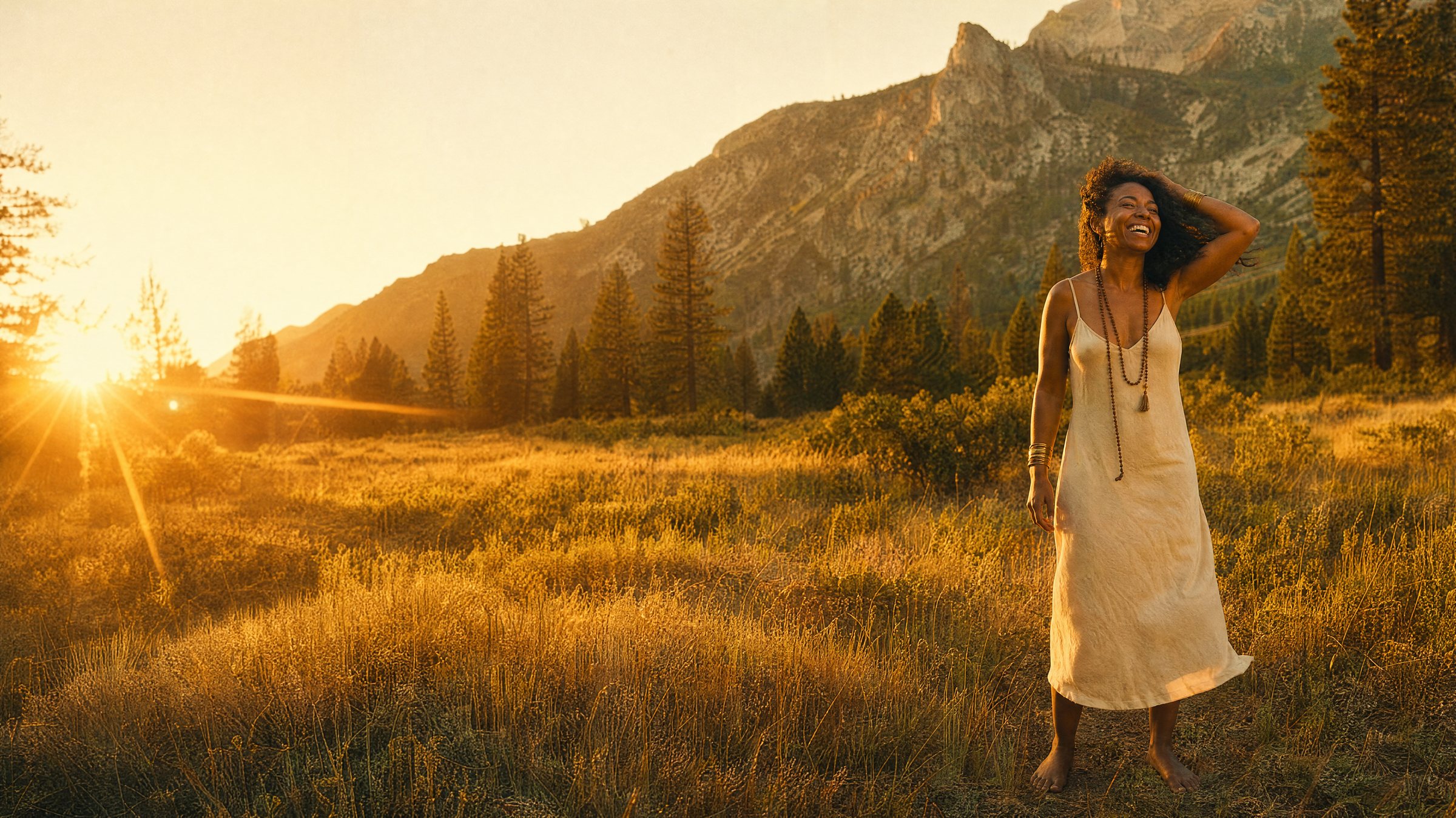 A woman standing tall in a meadow at golden hour, laughing, wind in her hair