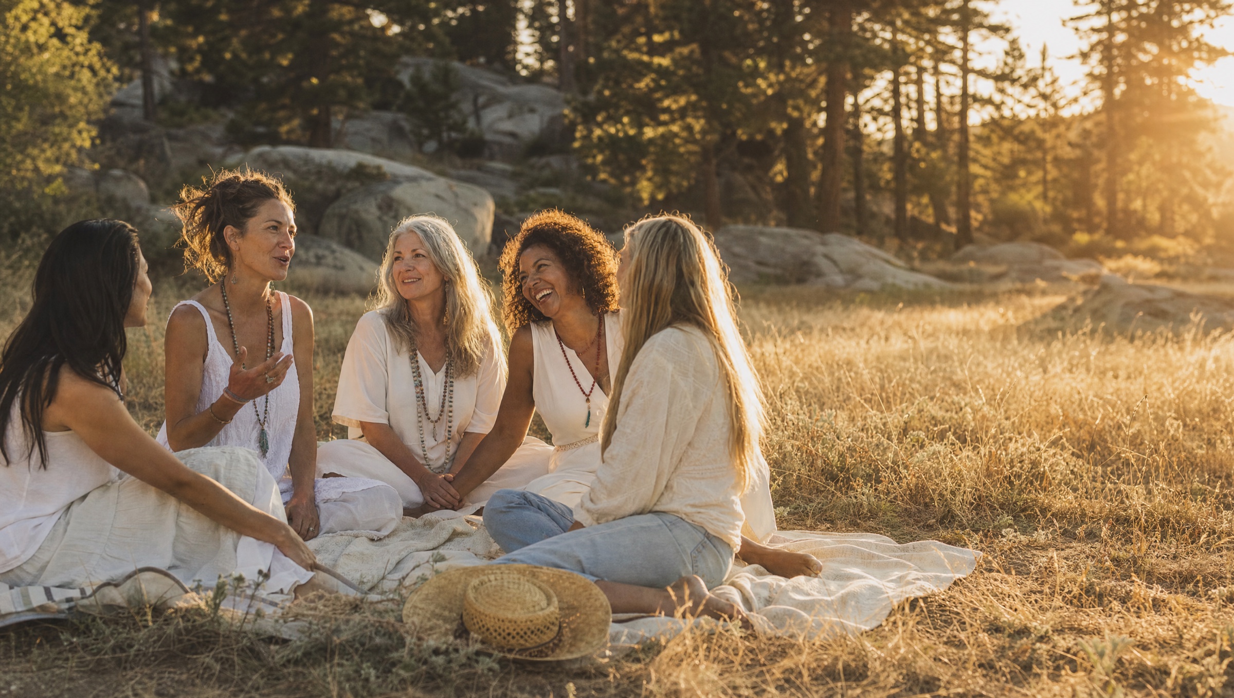 Five women of different ages sitting together on blankets in a Sierra meadow at golden hour, mid-conversation