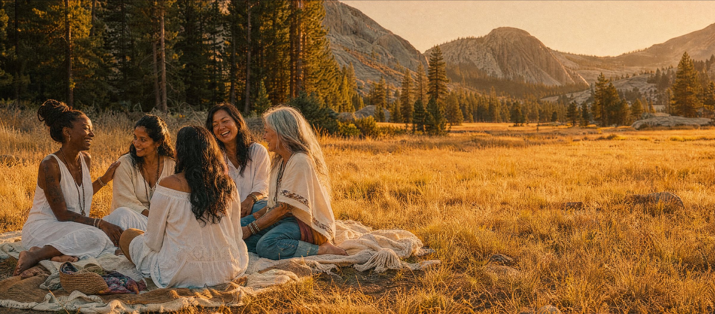 Five women of different ages and backgrounds sitting together in a meadow at sunset, laughing