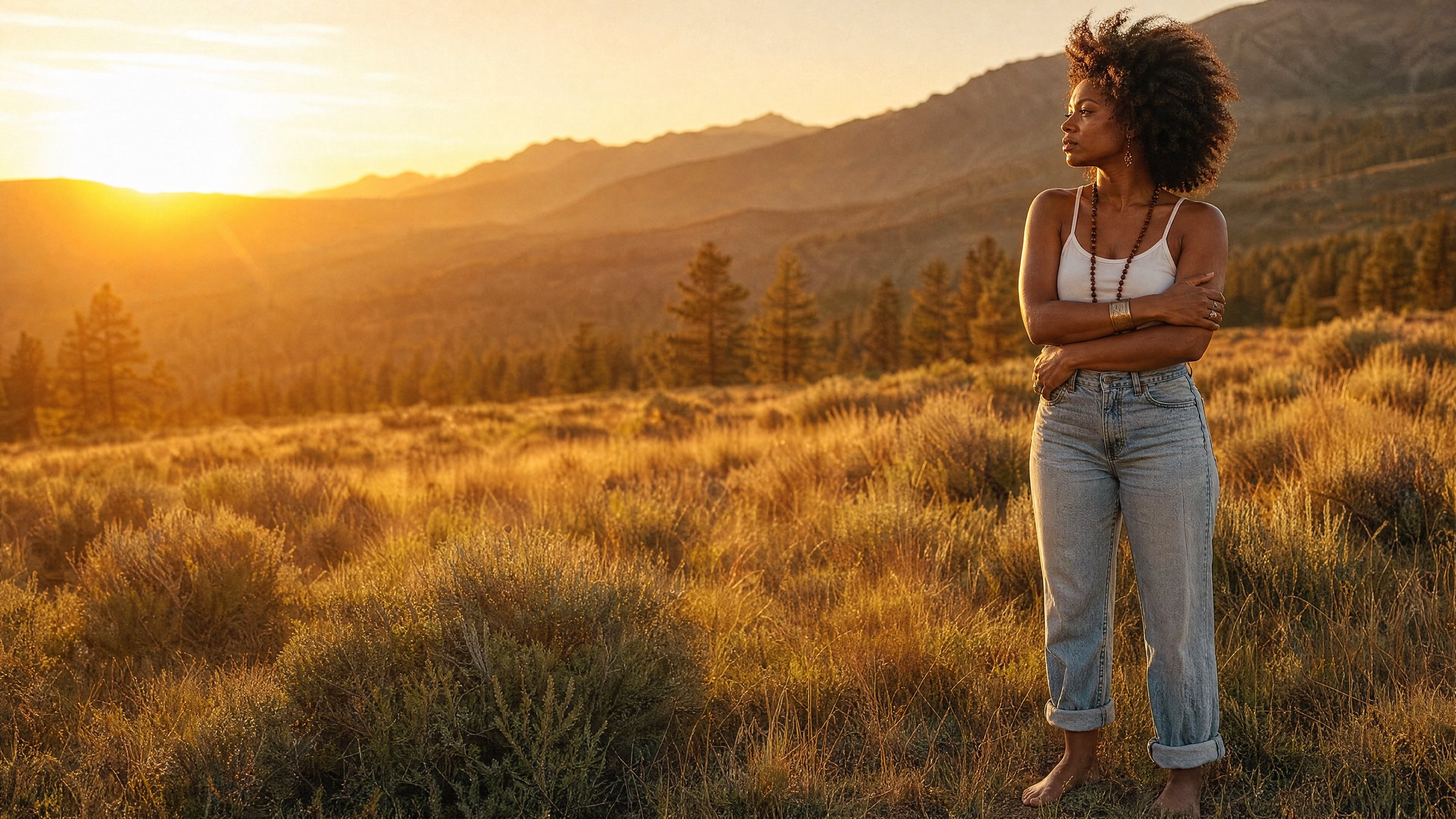 A woman standing alone in a golden meadow at sunset, arms folded, looking away