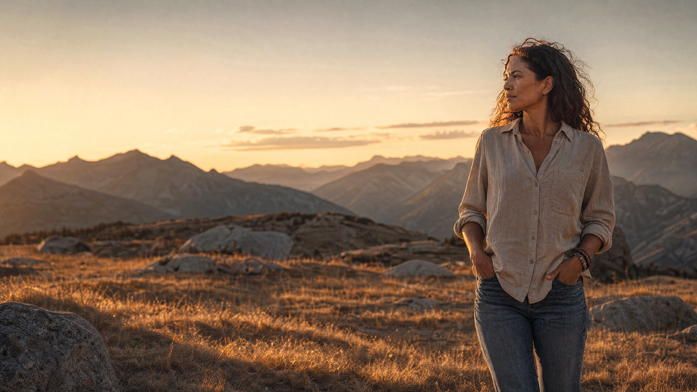 A woman standing on an open Sierra ridge at sunset, hands in her pockets, looking out across the valley