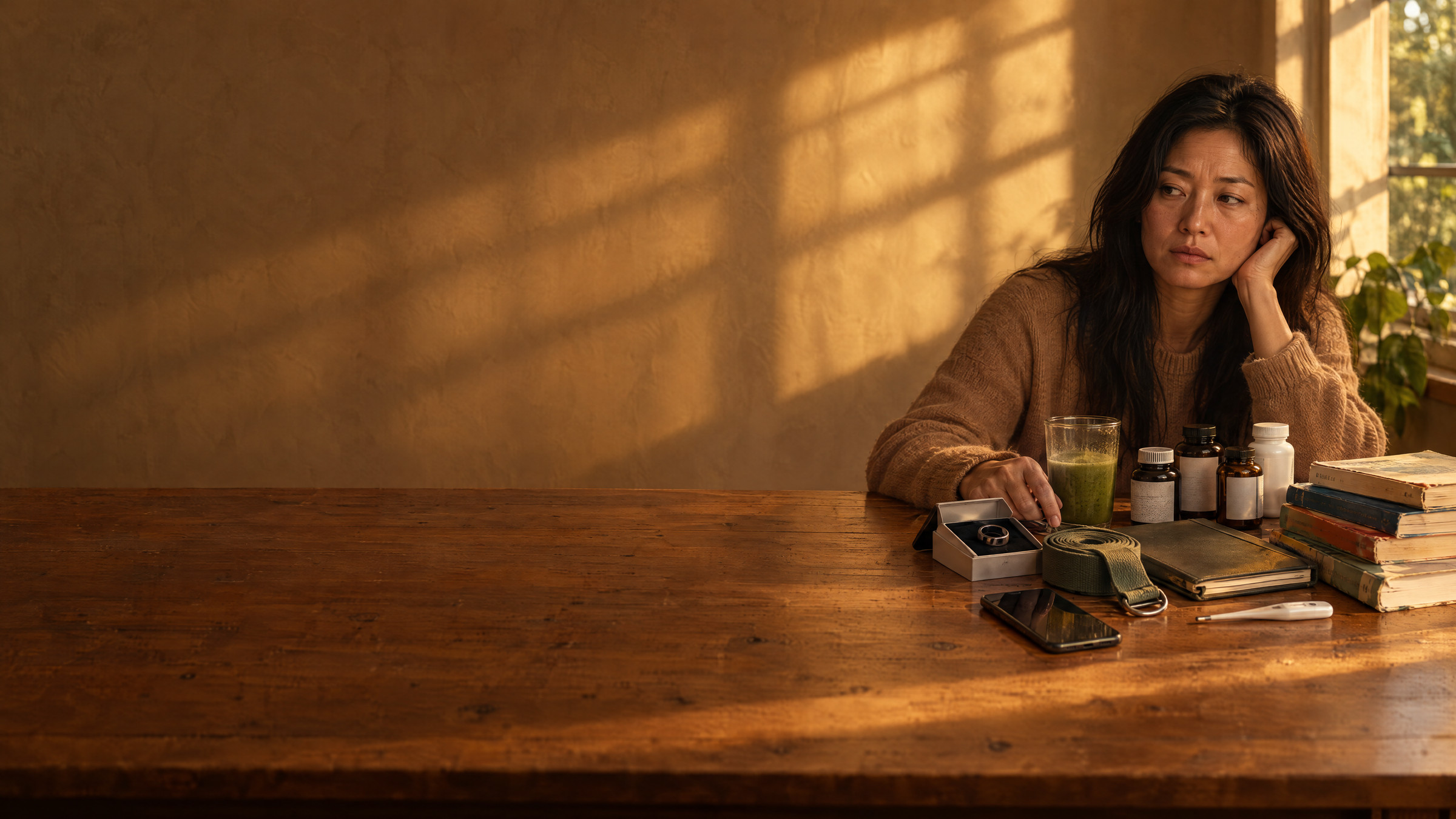 A woman at the end of a long table looking down at supplement bottles, books, a journal, a phone and a smoothie spread in front of her