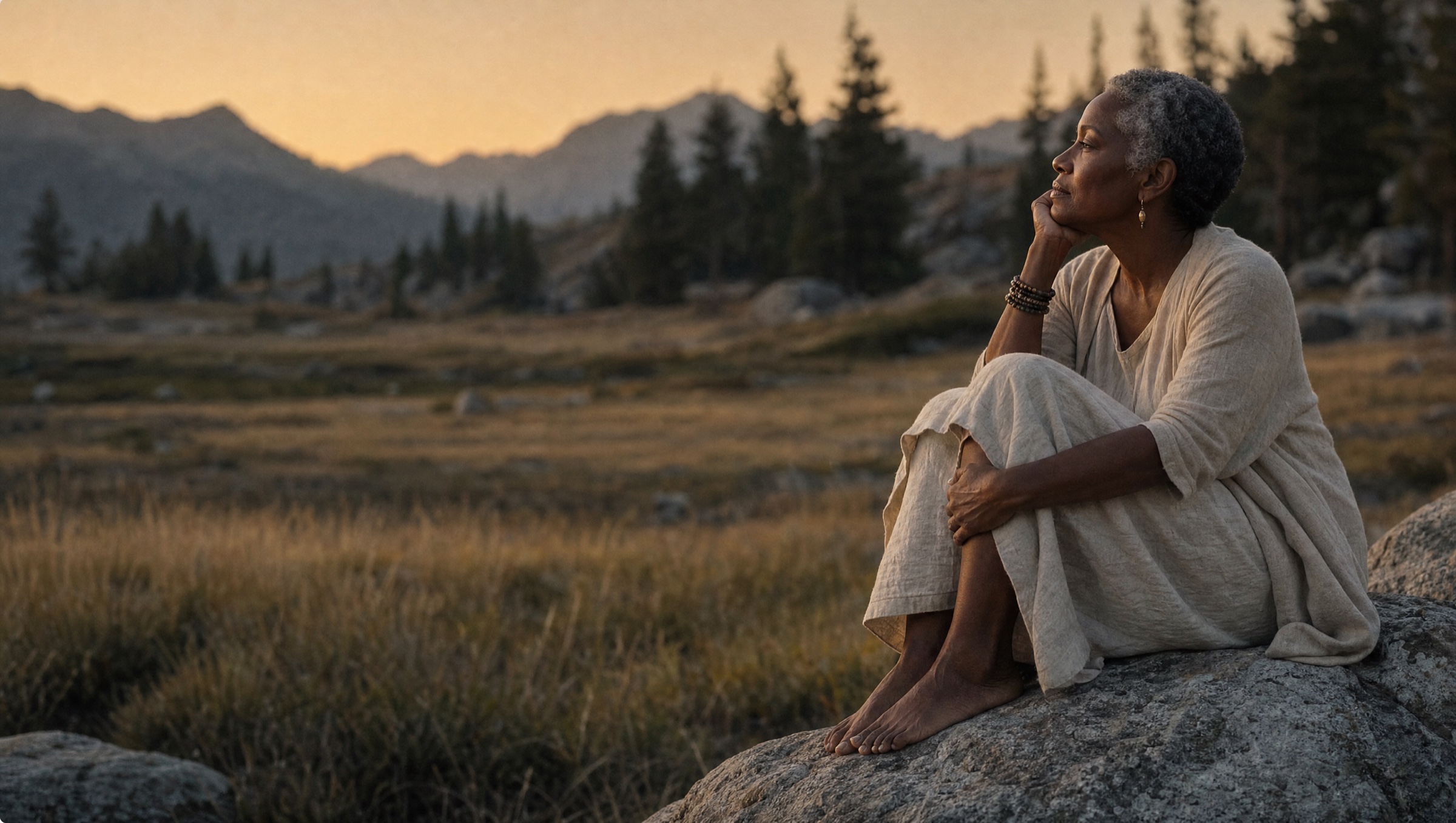 A woman sitting alone on a granite boulder at dusk, chin on her hand, looking out across the meadow