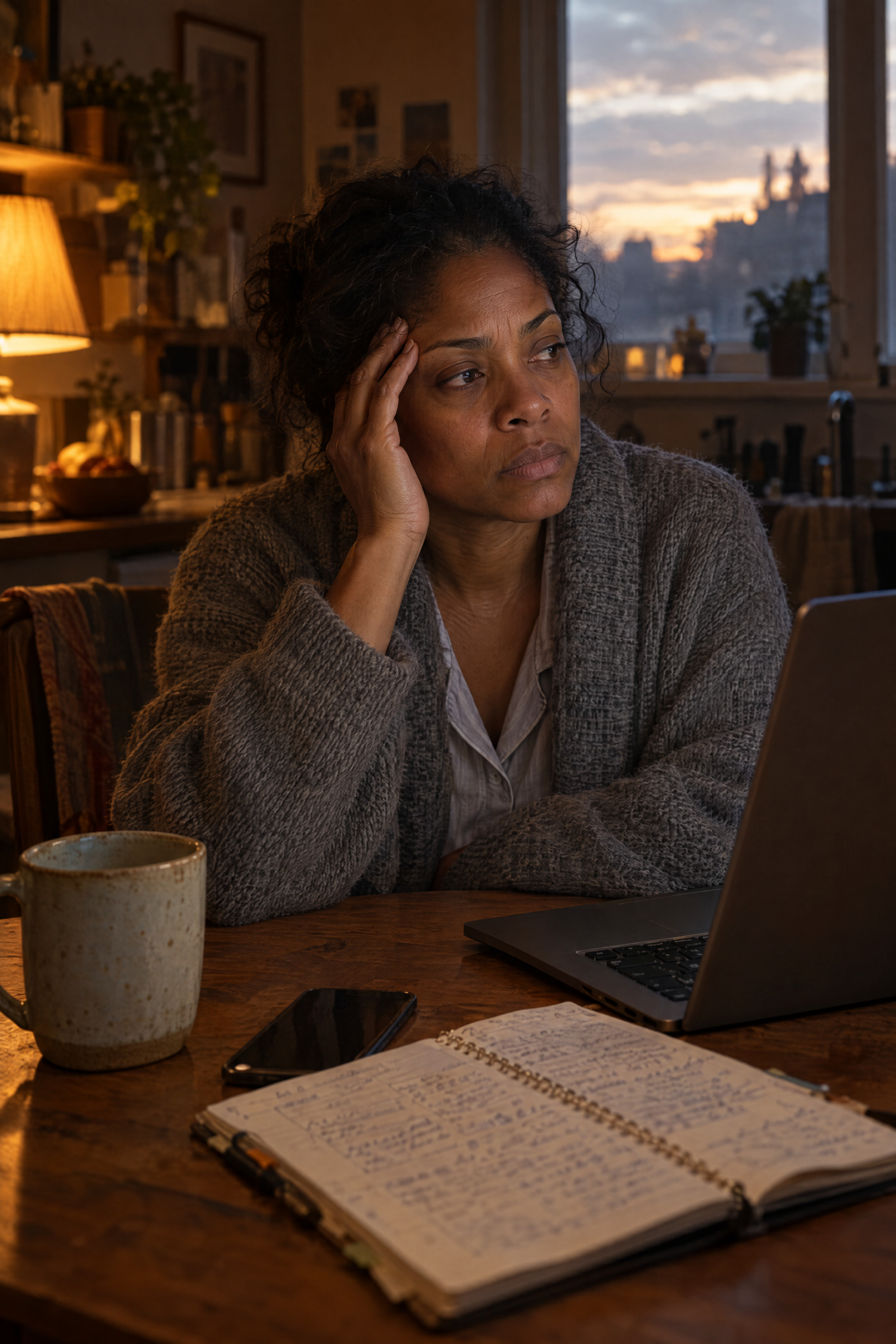 A woman at a kitchen table before dawn, hand pressed to her temple, laptop and planner open, tea gone cold