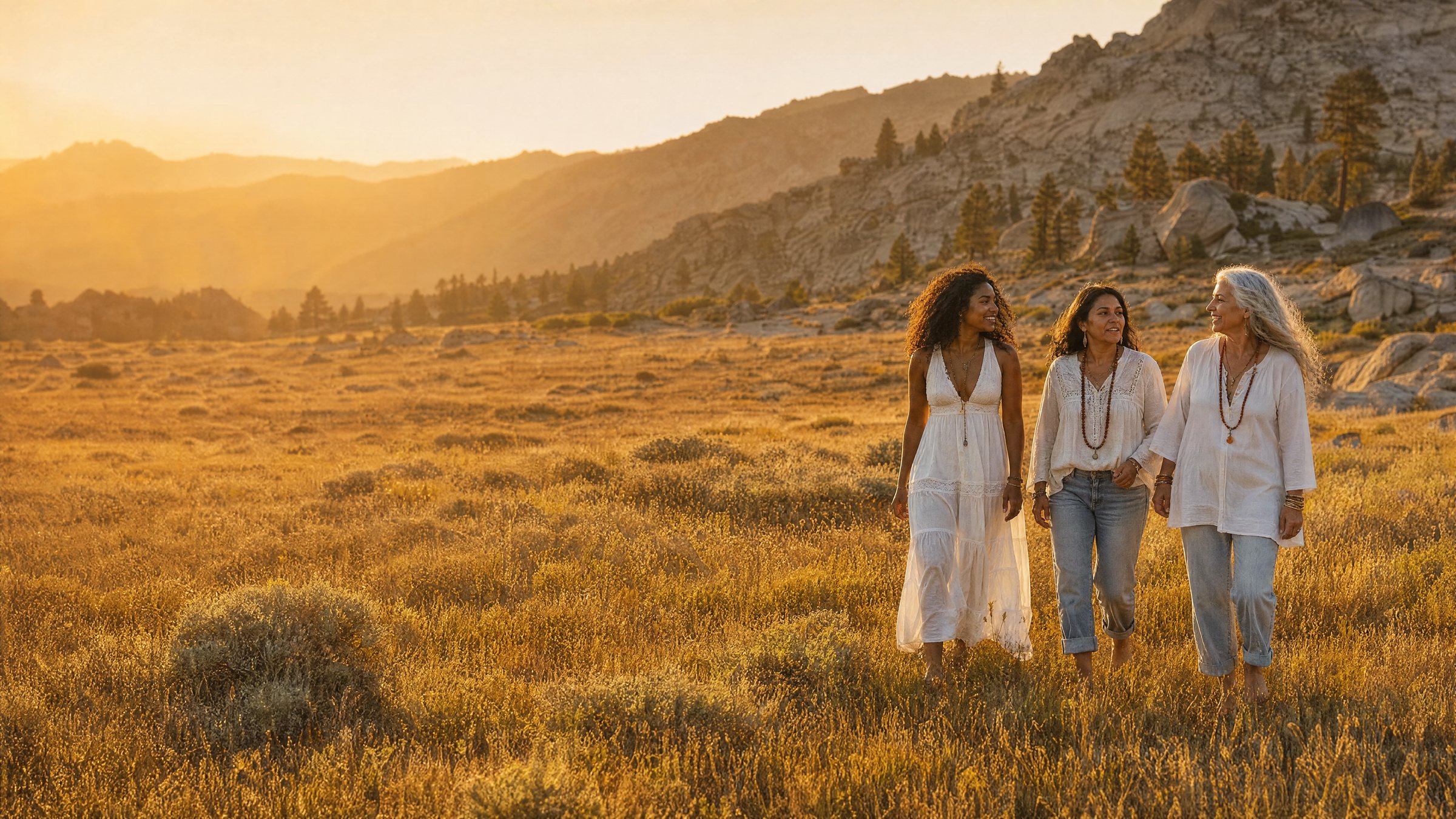 Three women of different ages walking together through a golden meadow at sunset, deep in conversation