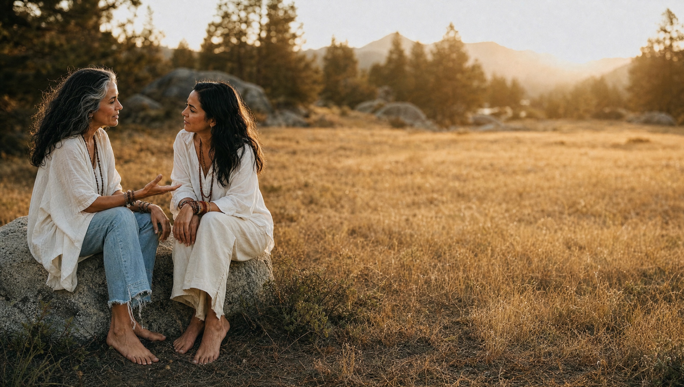 Two women sitting together on a granite boulder at golden hour, deep in conversation